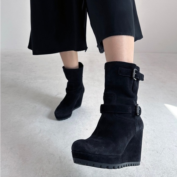 PRADA Black Suede Double Buckle Wedge Ankle Booties Boots - Picture 4 of 13